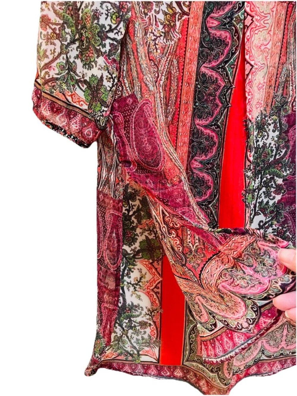 FIG & FLOWER ANTHROPOLOGIE Multicolor Sheer Boho 3/4 Length Tunic Shirt Sz L - Picture 6 of 8